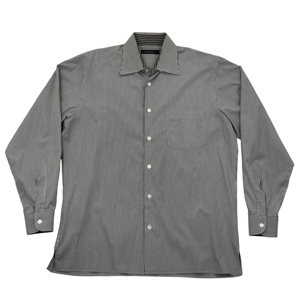 Ermenegildo Zegna Mens Button Down Shirt LRG Brown White Micro Check Office